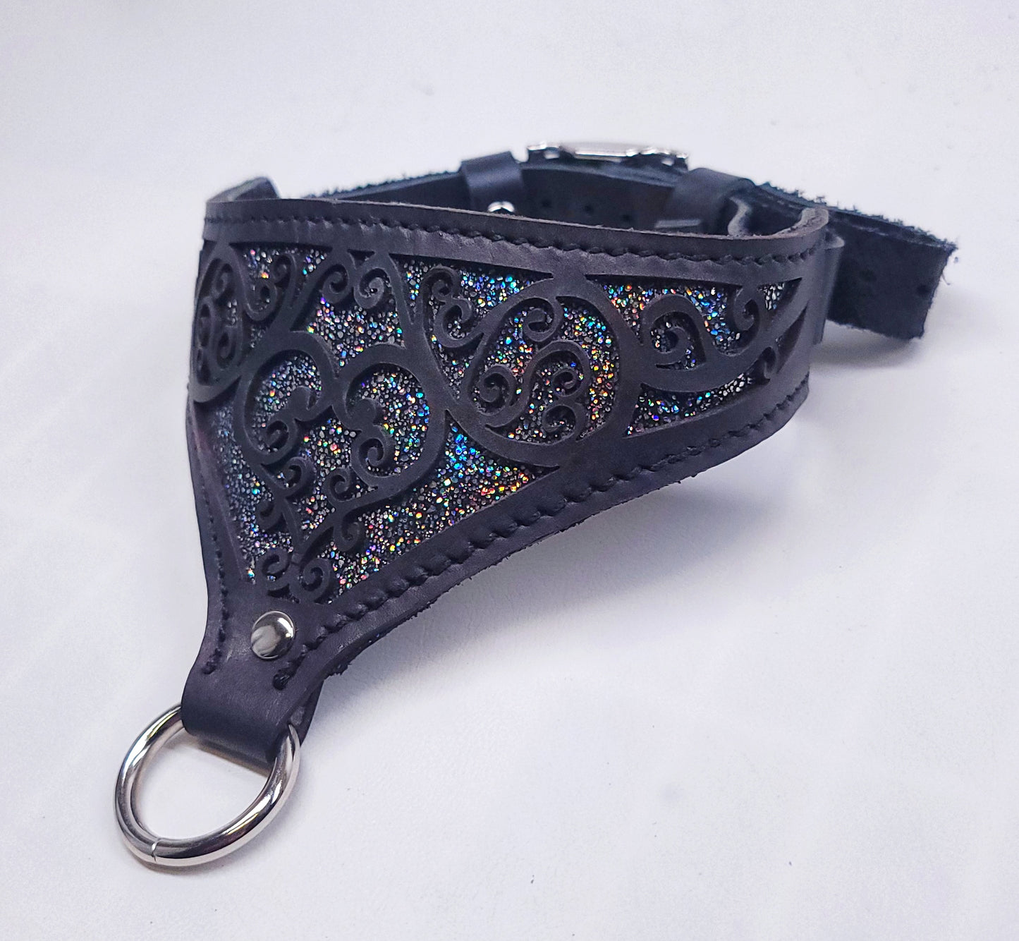 Rainbow Galaxy Heart Filigree Leather Collar- In Stock