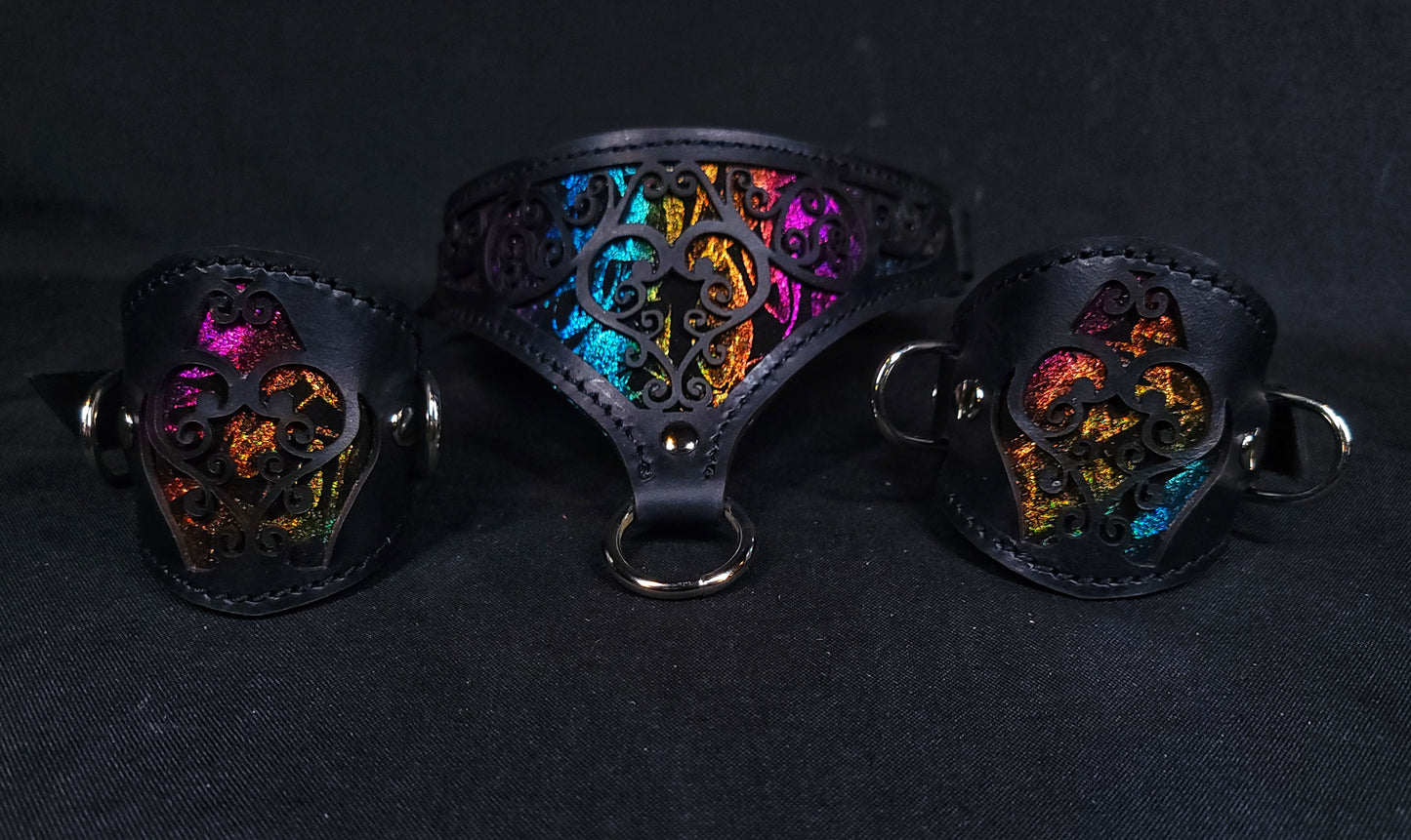 Rainbow Heart Filigree Collar and Cuffs - In Stock