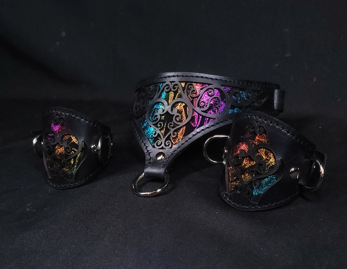 Rainbow Heart Filigree Collar and Cuffs - Made to Order