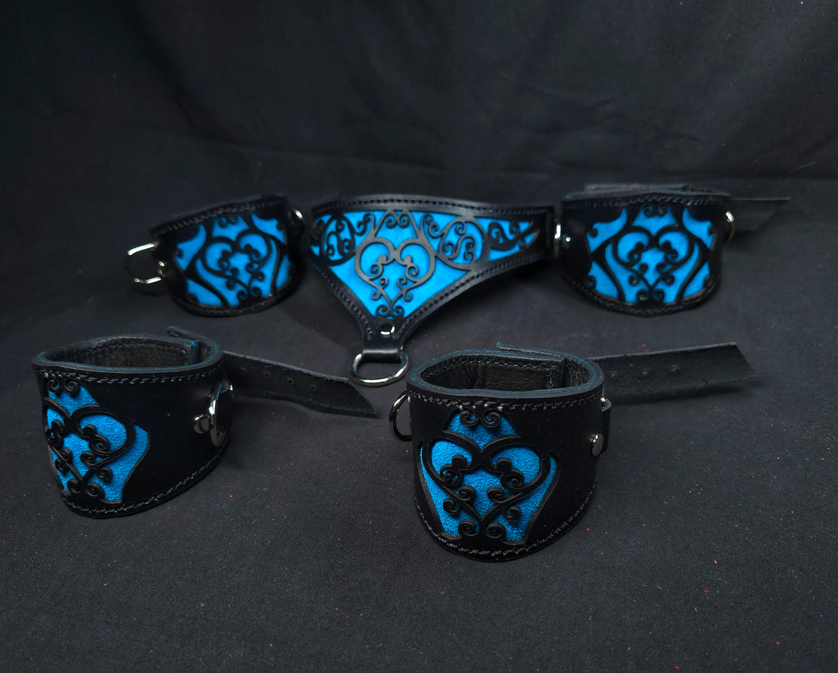Teal Leather Heart Collars and Cuffs - In Stock