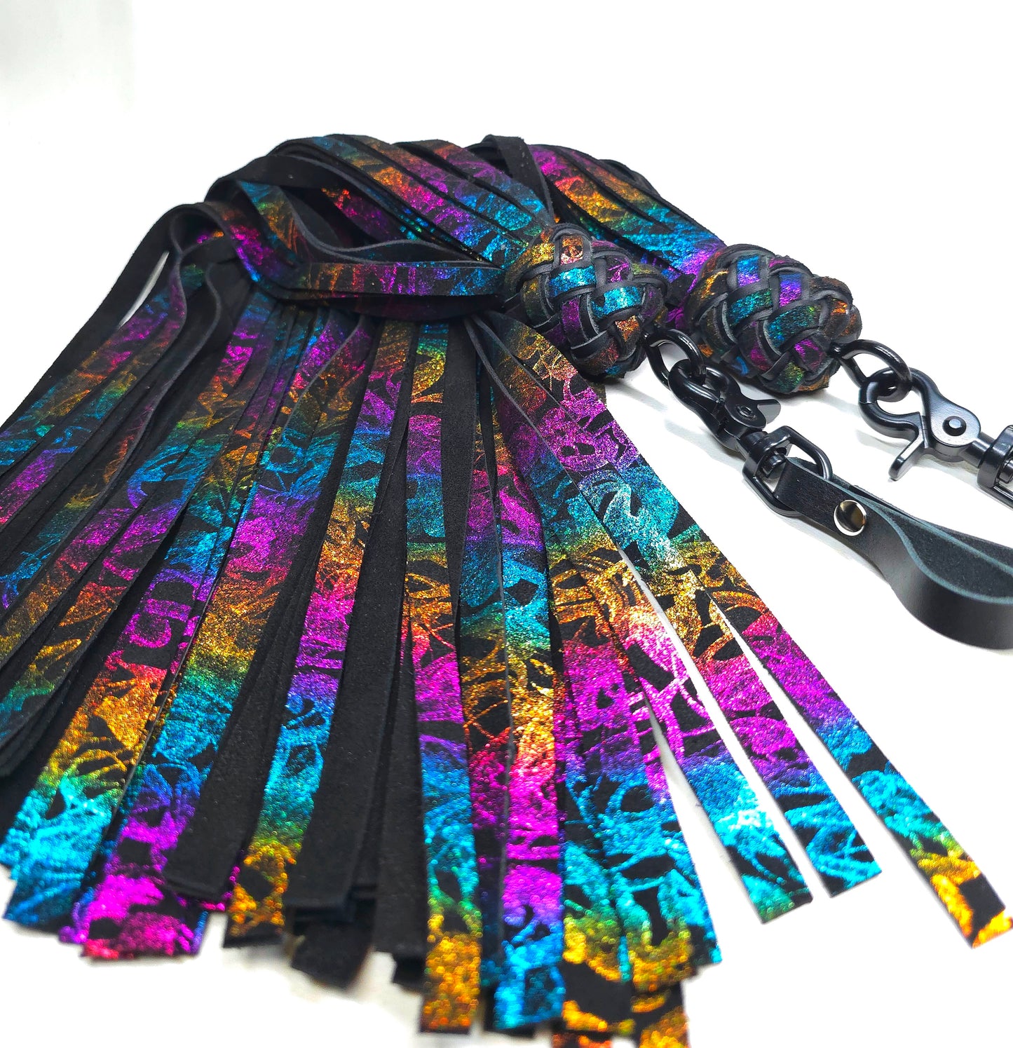 glitter rainbow pattern on leather floggers