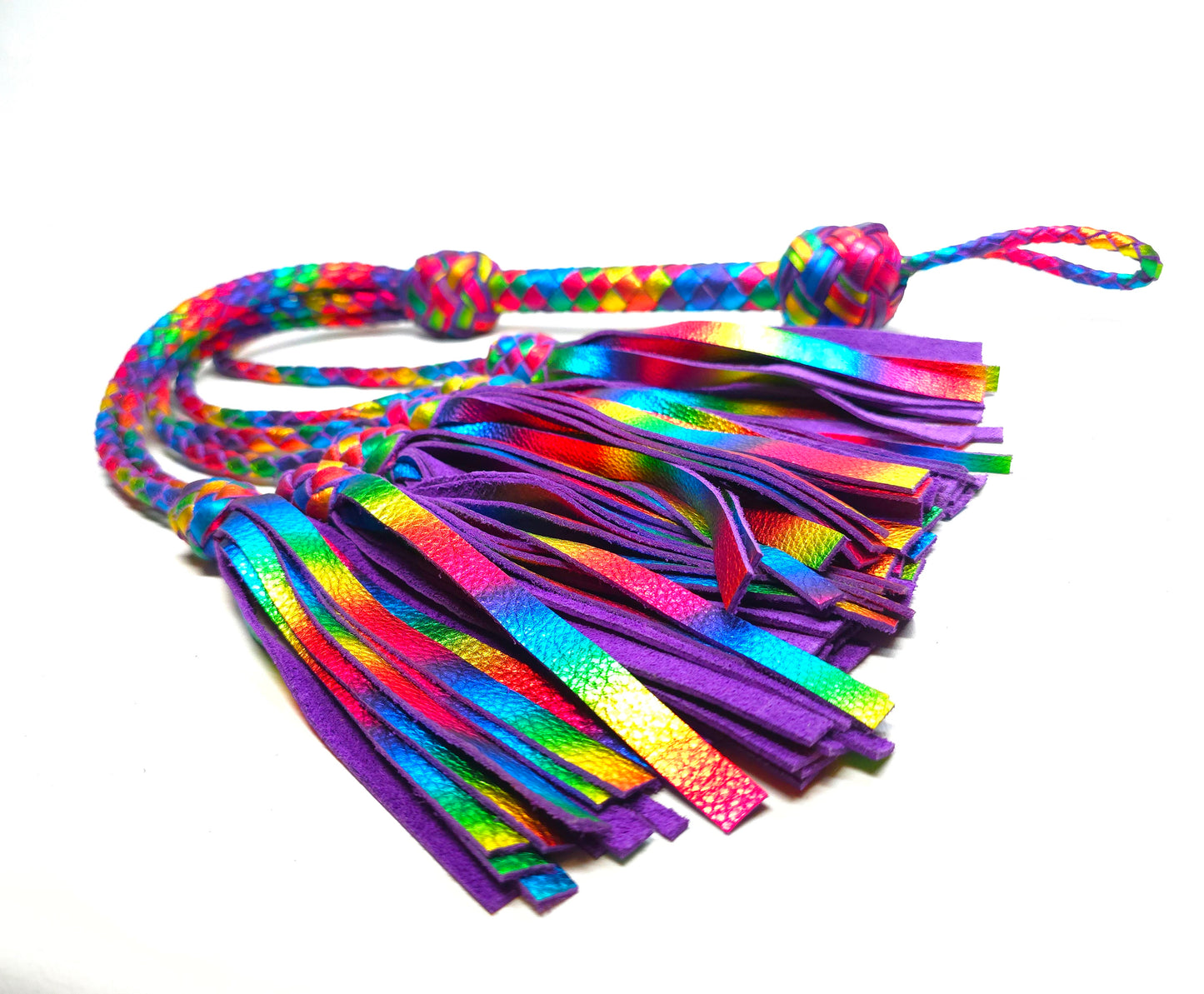Thuddy flogger for impact play made with rainbow leather