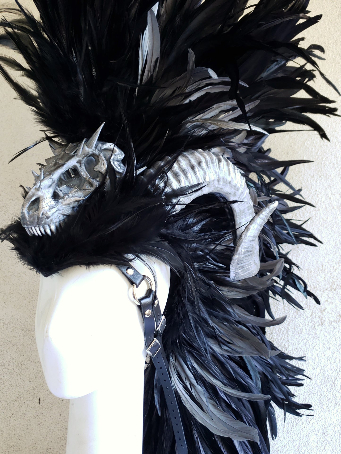 Dragon Slayer Headdress- Black feather headdress with ram horns and dragon skull