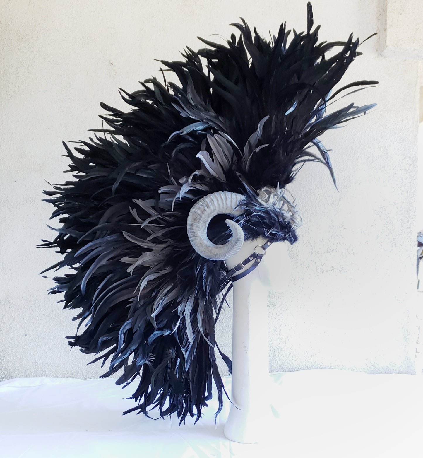 Dragon Slayer Headdress- Black feather headdress with ram horns and dragon skull
