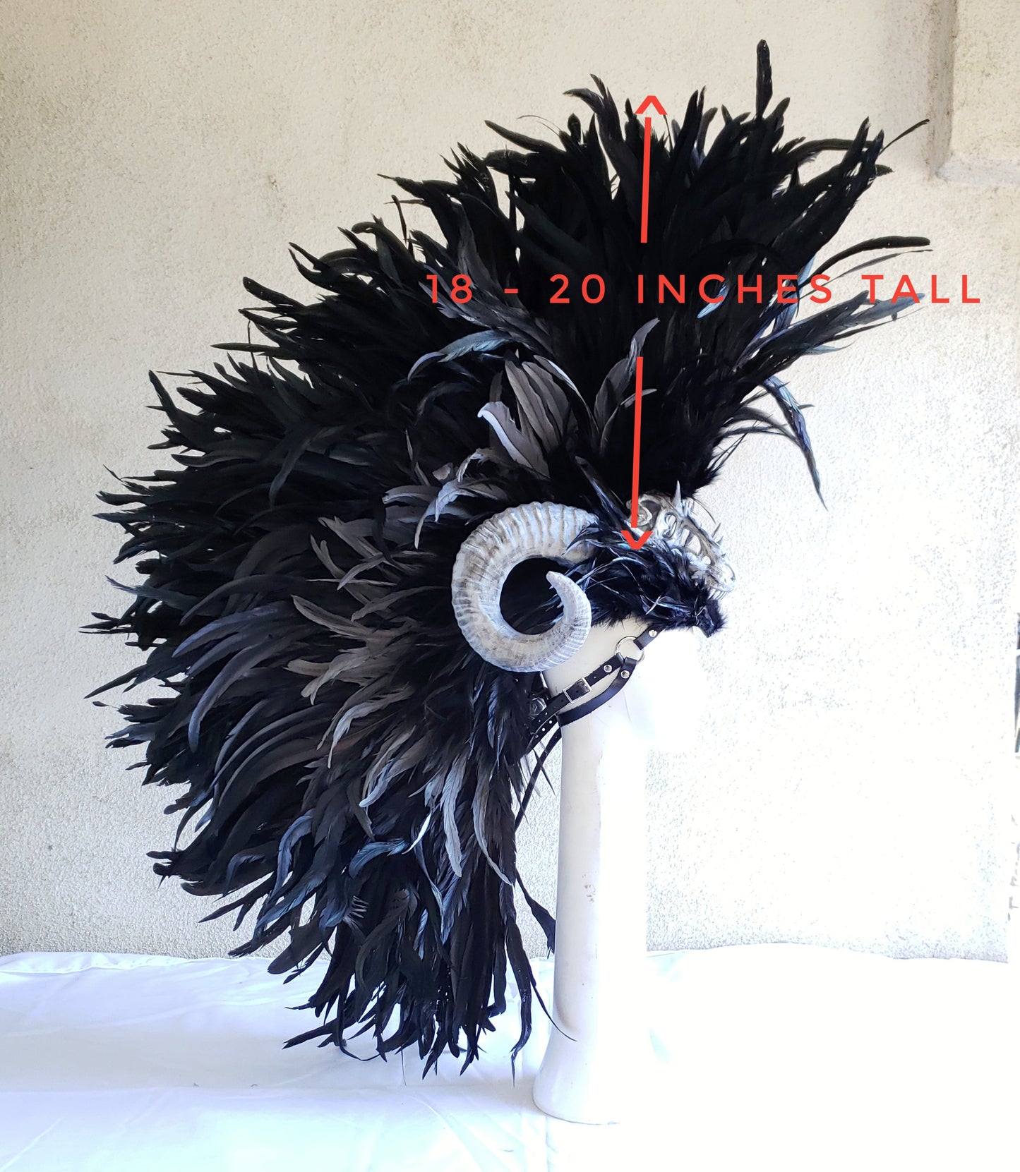 Dragon Slayer Headdress- Black feather headdress with ram horns and dragon skull