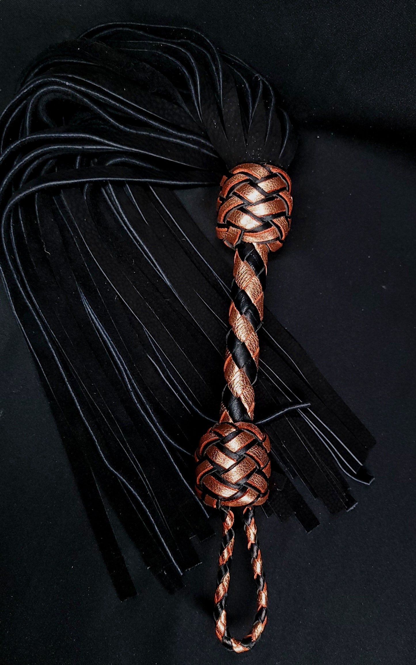 Rose Gold Flogger with Black Velvet Leather Tails- In Stock