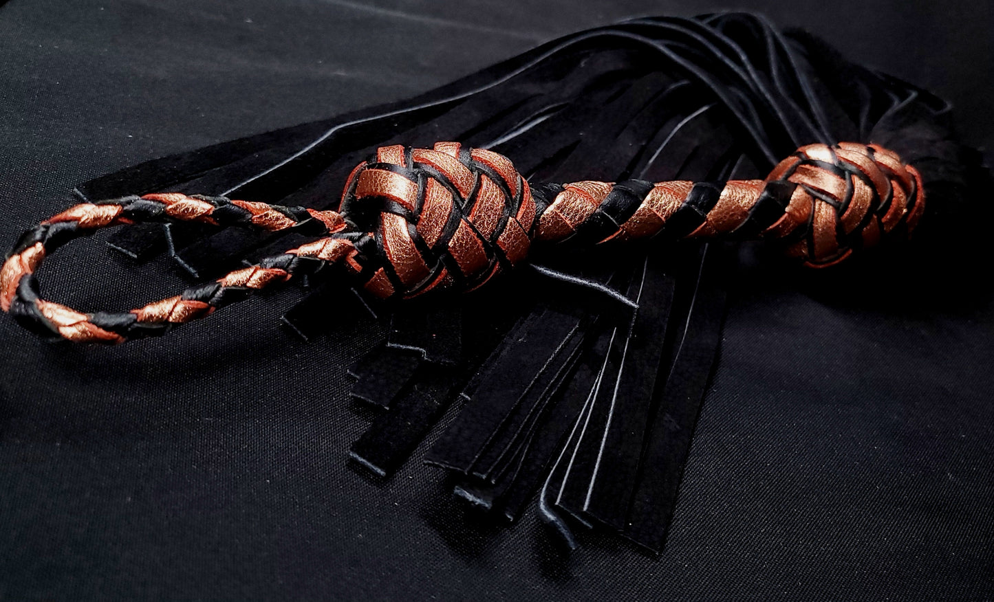 Rose Gold Flogger with Black Velvet Leather Tails- In Stock