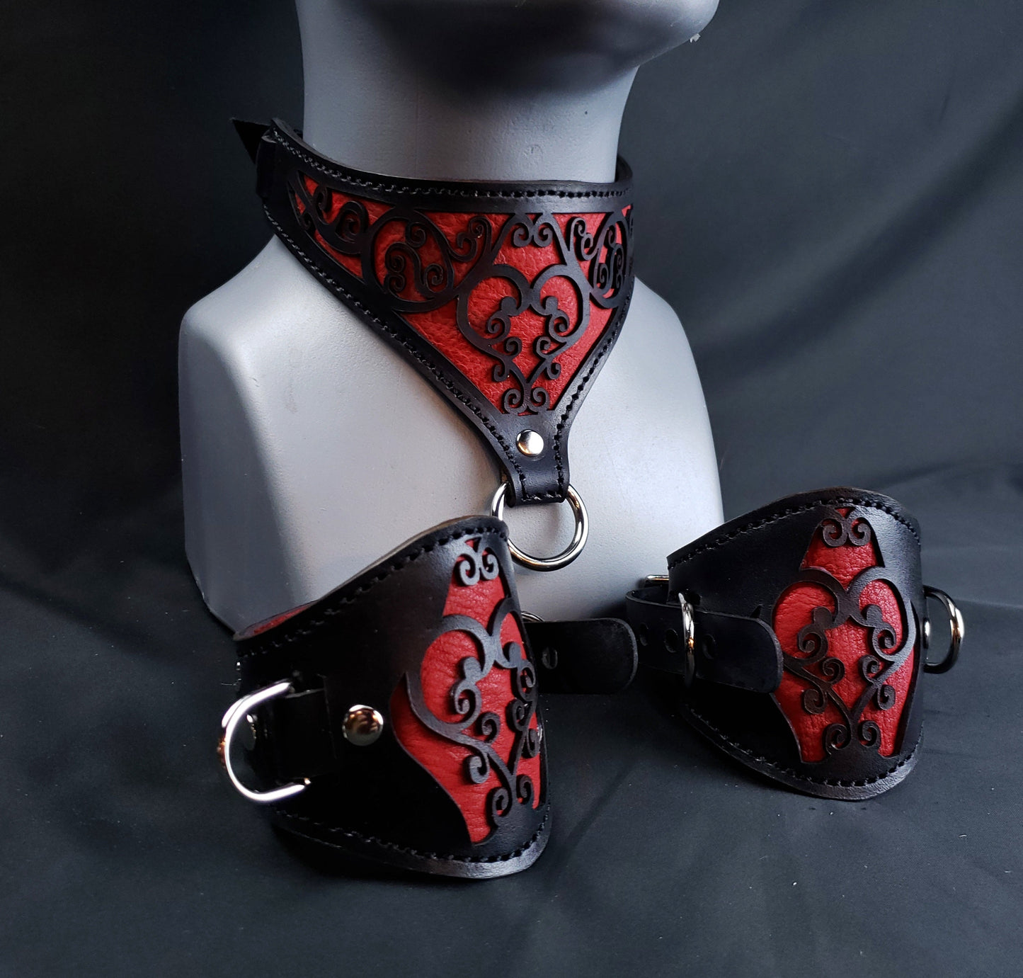 Red Leather Heart Collar and Cuffs - Made to Order