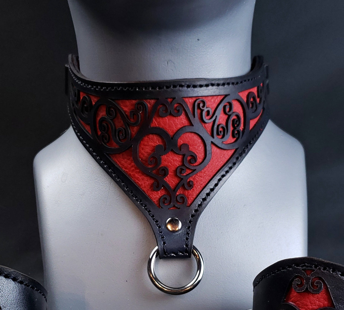 Red Leather Heart Collar and Cuffs - Made to Order