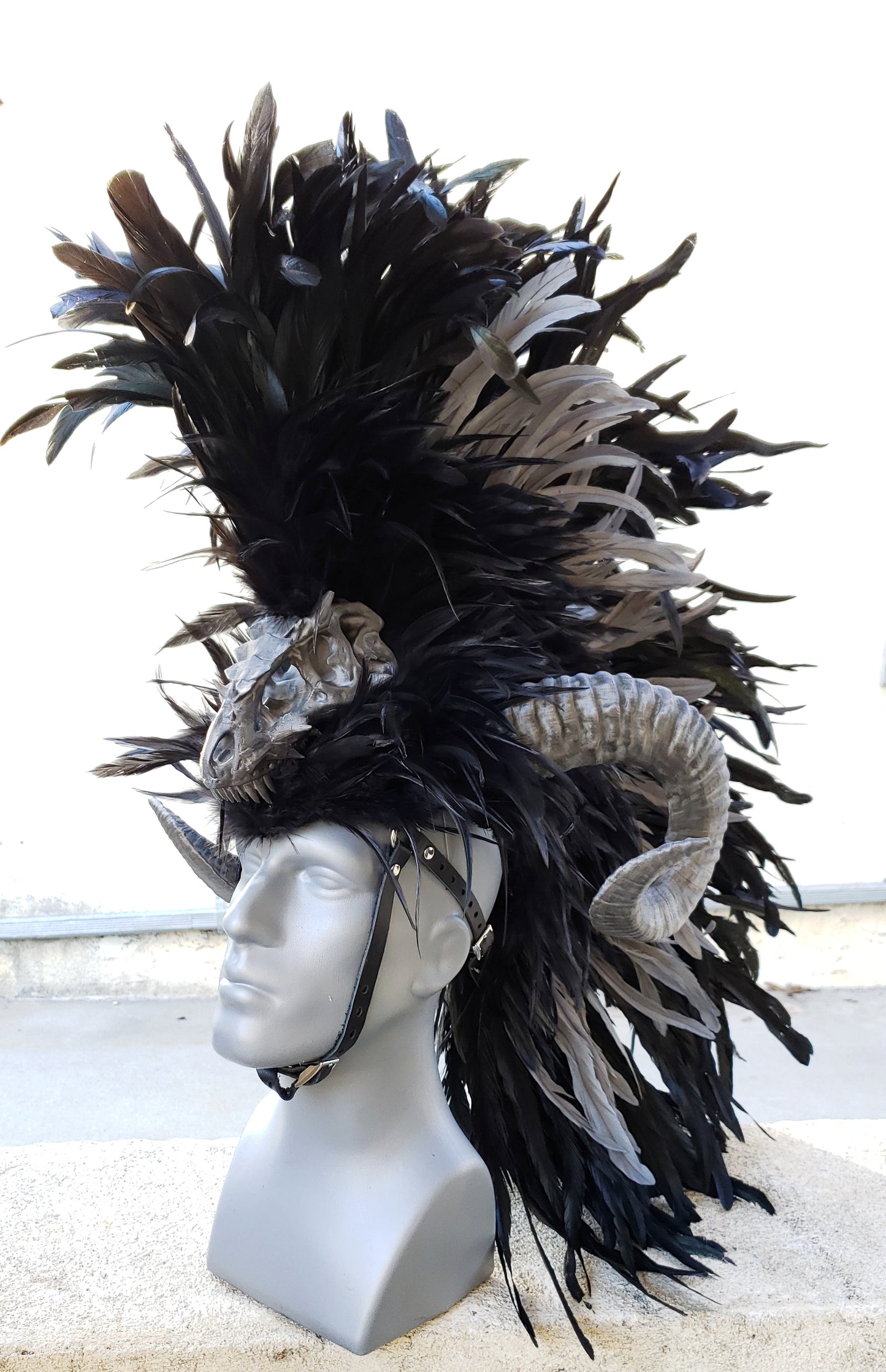 Dragon Slayer Headdress- Black feather headdress with ram horns and dragon skull