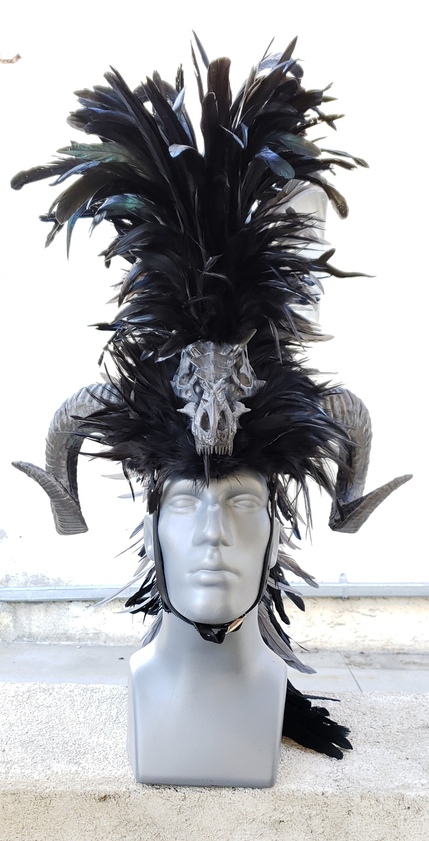 Dragon Slayer Headdress- Black feather headdress with ram horns and dragon skull