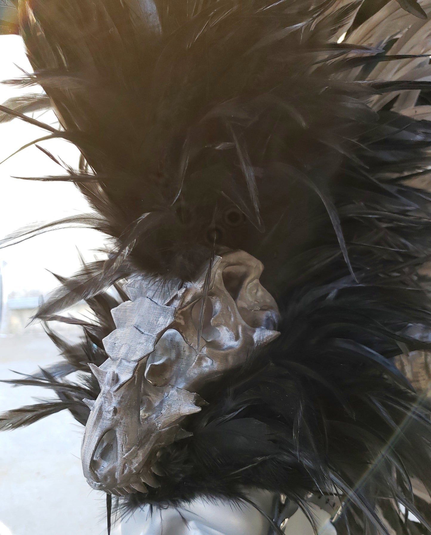 Dragon Slayer Headdress- Black feather headdress with ram horns and dragon skull