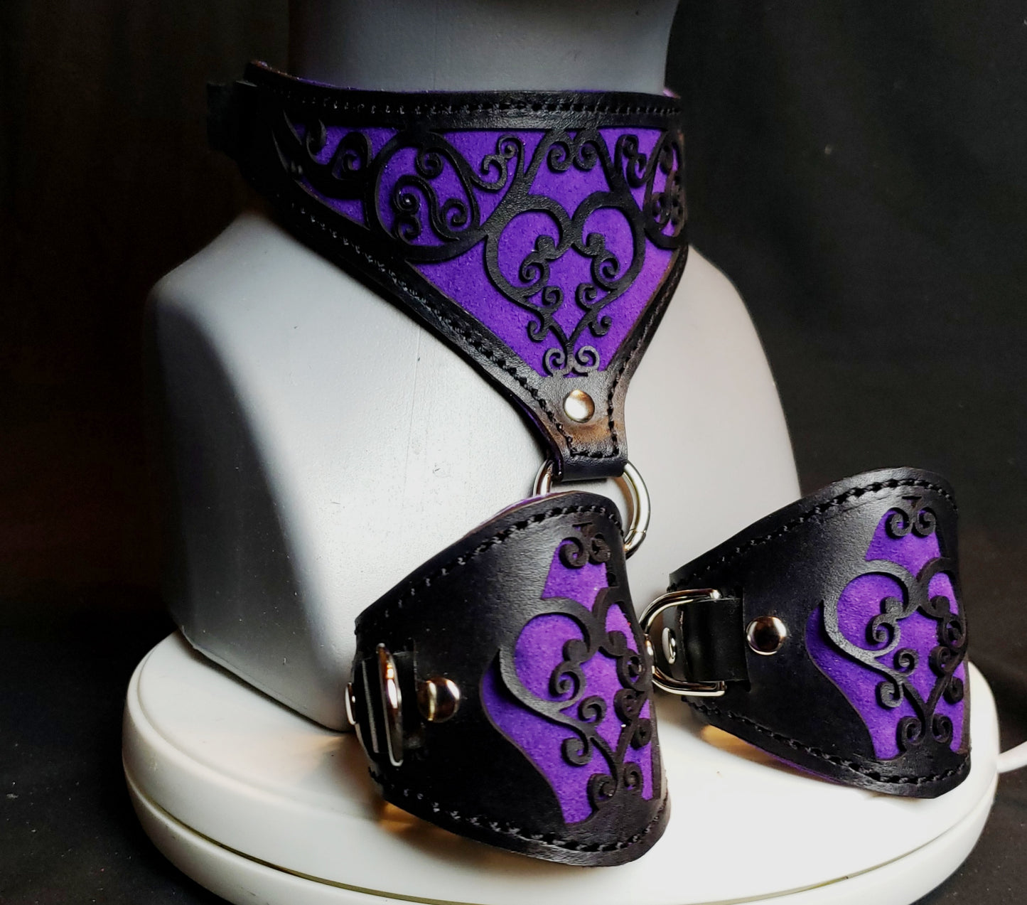 Purple Leather Heart Collar and Cuffs - Made to Order