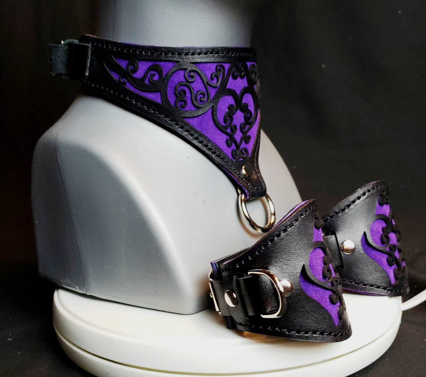 Purple Leather Heart Collar and Cuffs - Made to Order