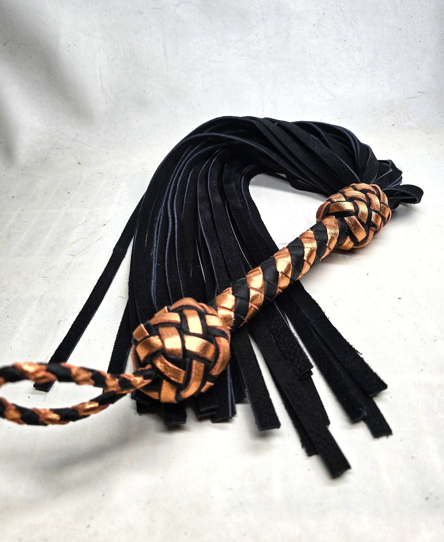 Rose Gold Flogger with Black Velvet Leather Tails- In Stock