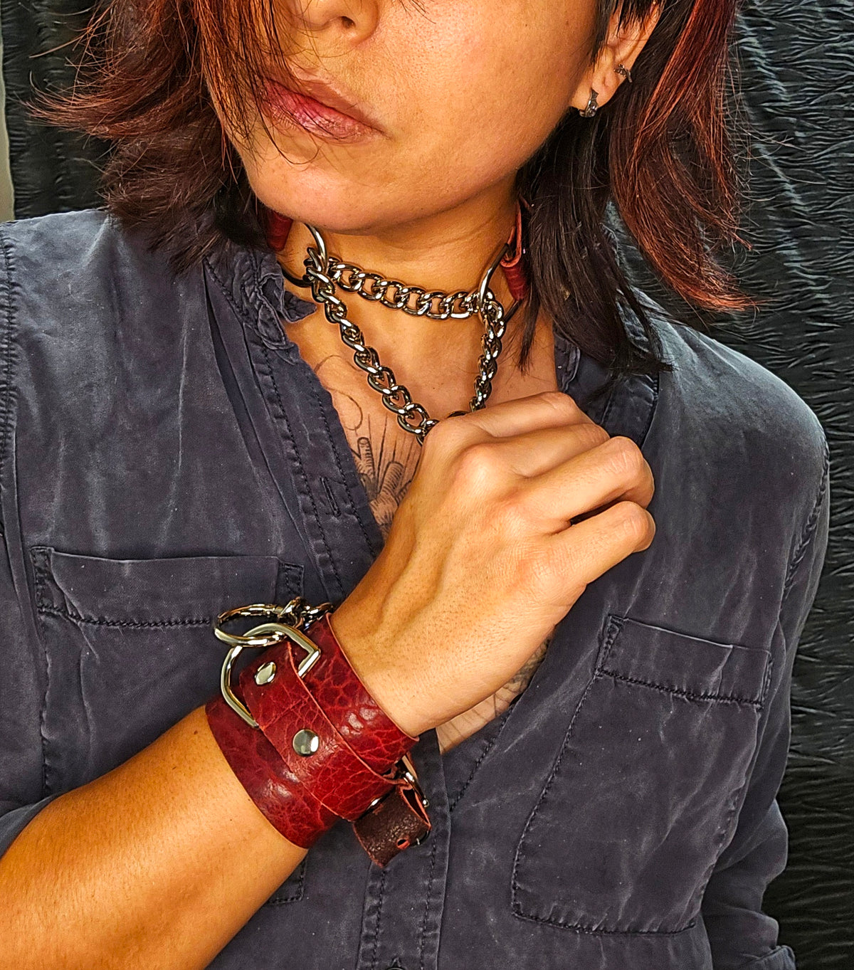 Oxblood Leather Martingale Collar and Cuffs- Made to Order