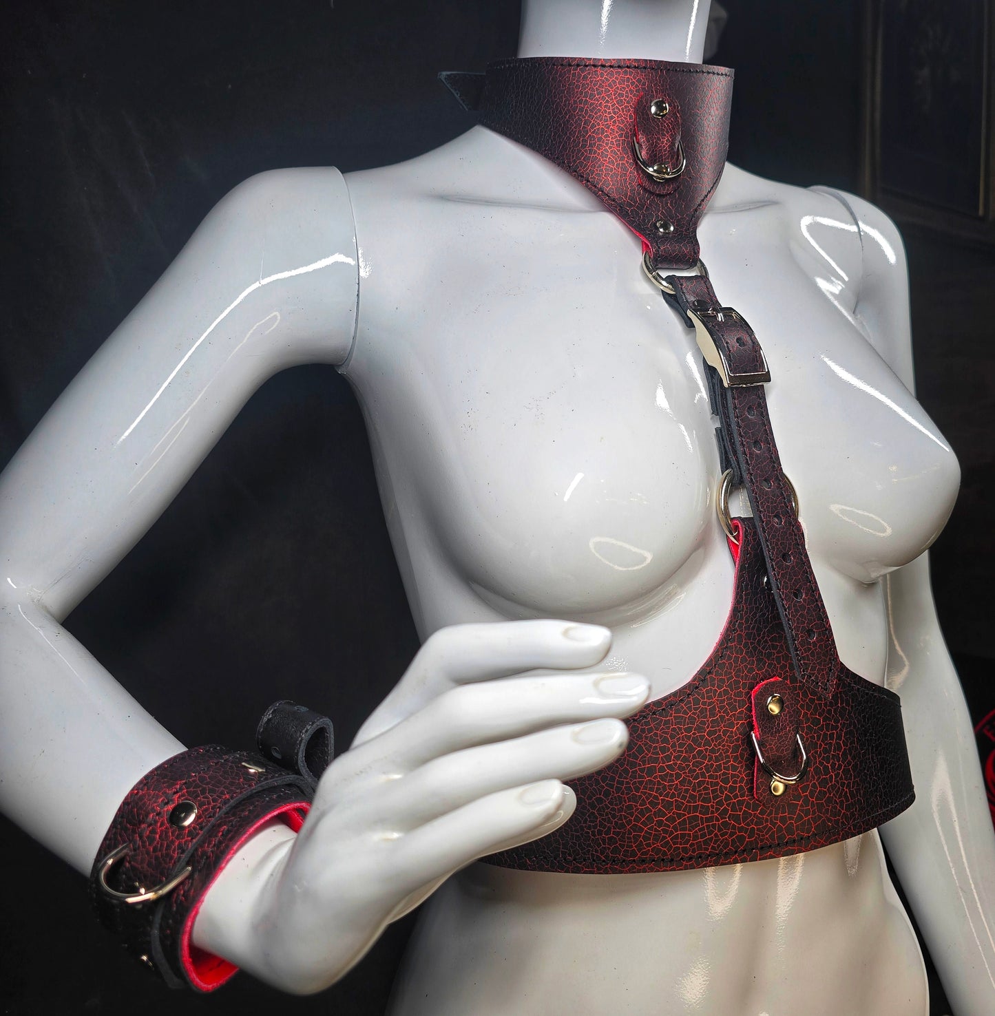 The Sumida Restrains In Red- Chest Harness, Collar, Cuffs, Thigh Cuffs