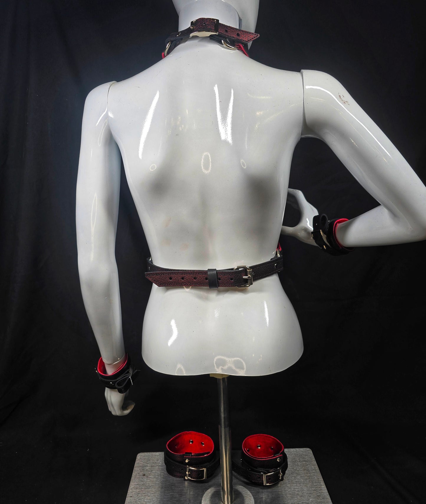 The Sumida Restrains In Red- Chest Harness, Collar, Cuffs, Thigh Cuffs