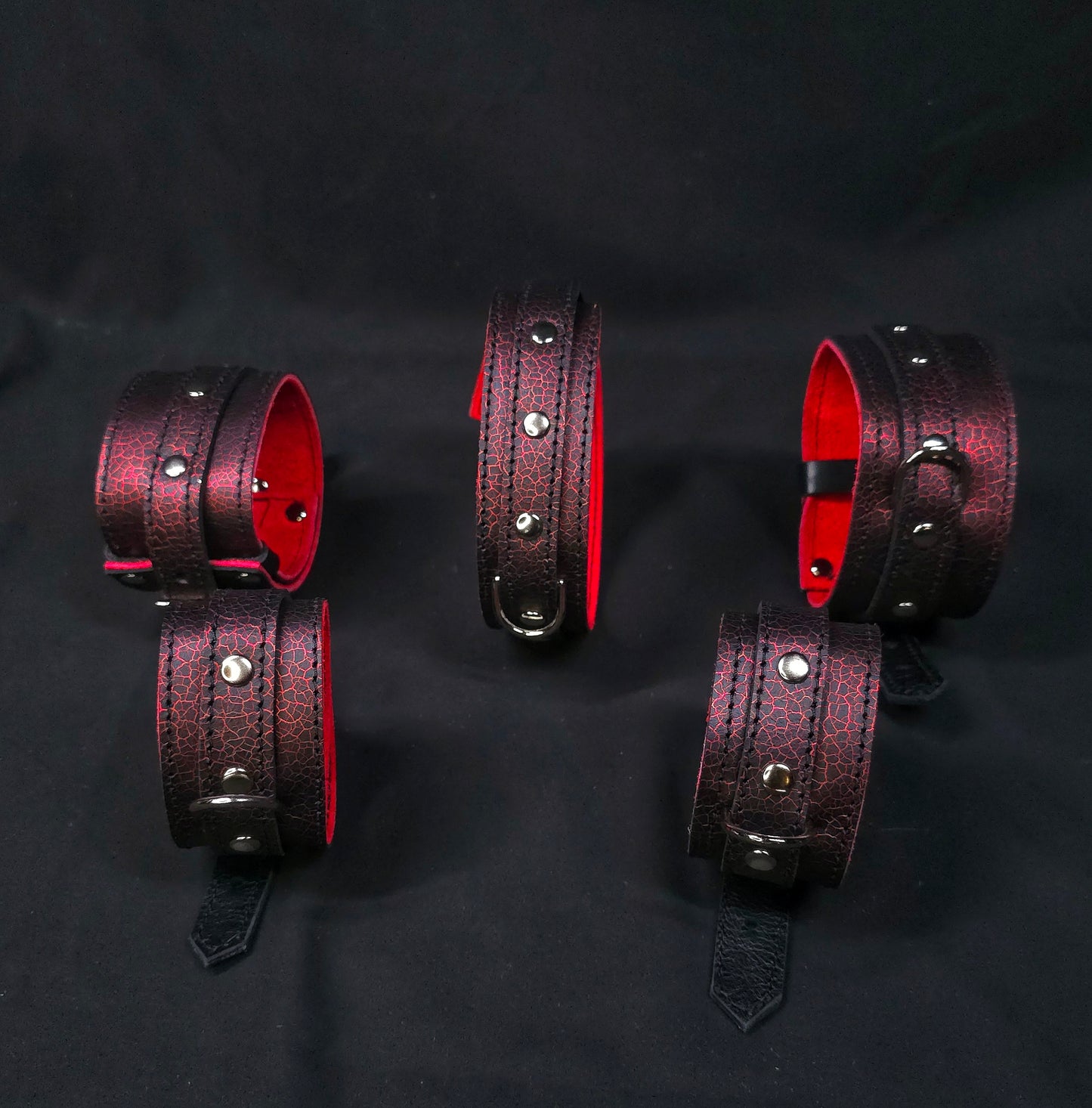 The Sumida Restrains In Red- Chest Harness, Collar, Cuffs, Thigh Cuffs