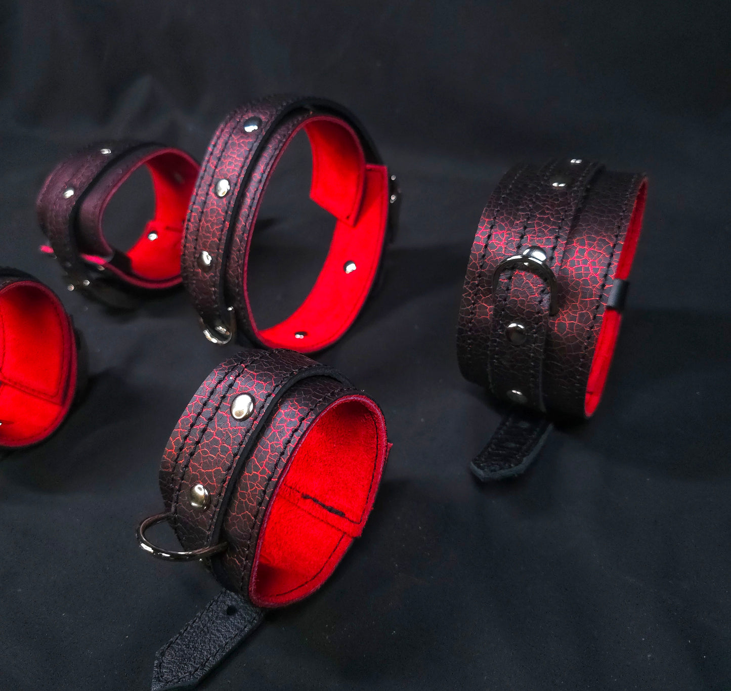 The Sumida Restrains In Red- Chest Harness, Collar, Cuffs, Thigh Cuffs