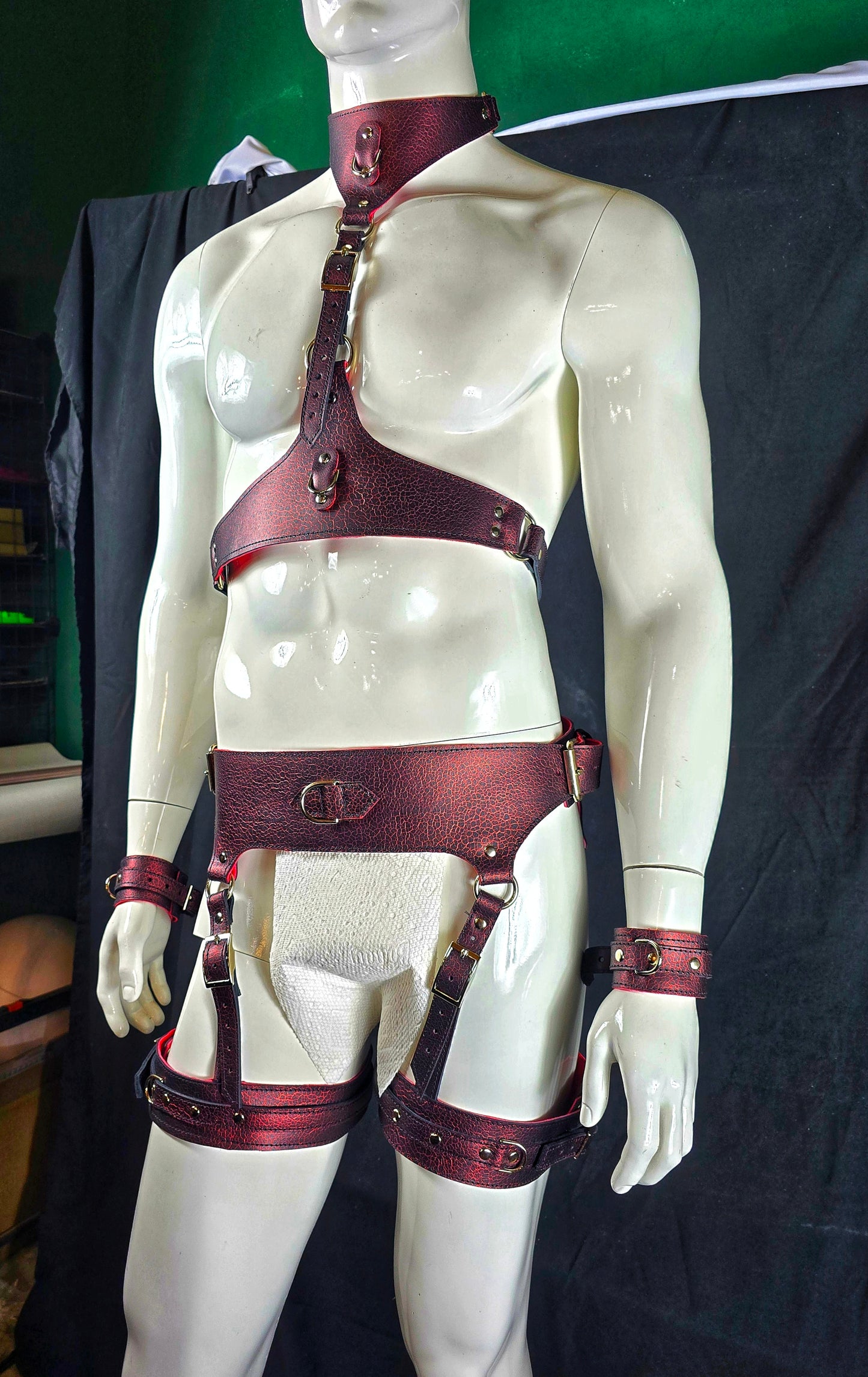 The Sumida Restrains In Green- Chest Harness, Collar, Cuffs, Thigh belt
