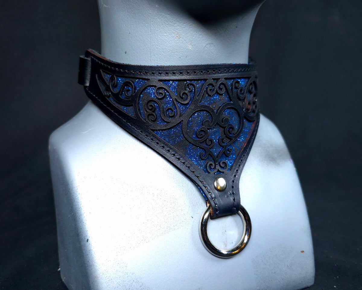 Sapphire Smoke Leather Heart Collars and Cuffs - In Stock
