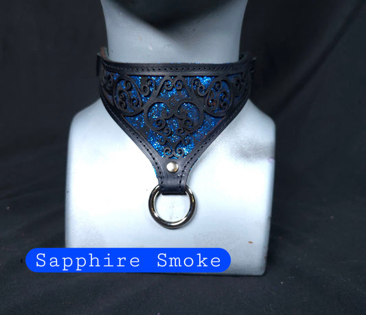 Sapphire Smoke Leather Heart Collars and Cuffs - In Stock