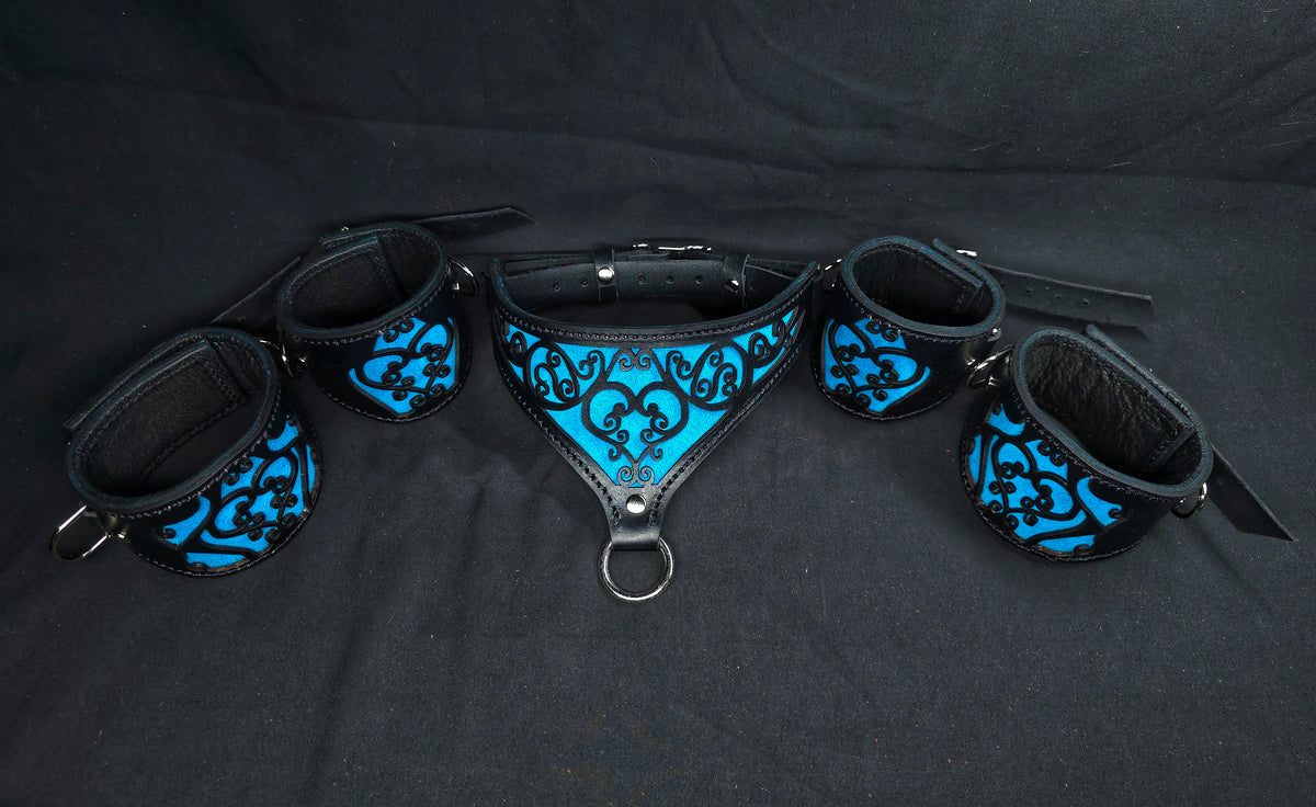 Teal Leather Heart Collars and Cuffs - In Stock