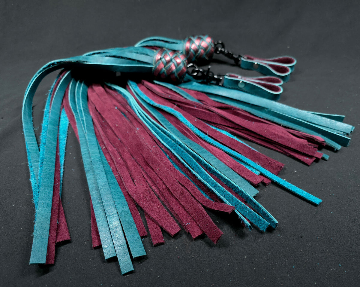 Teal Bison and Burgundy Suede Leather Finger Floggers- In Stock