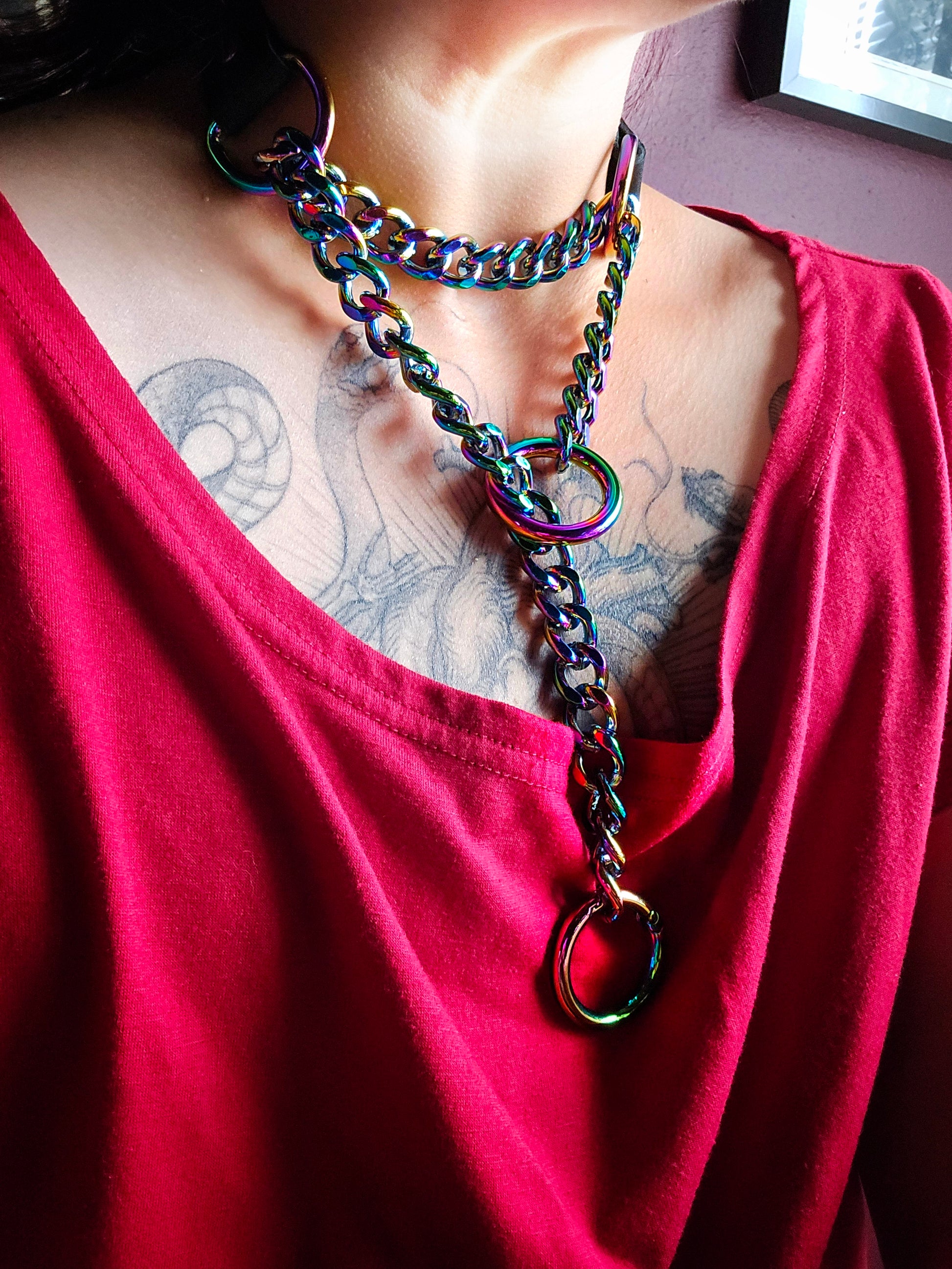 Rainbow Martingale leather collar on someone with a red shirt