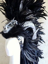 Load image into Gallery viewer, Dragon Slayer Headdress- Black feather headdress with ram horns and dragon skull