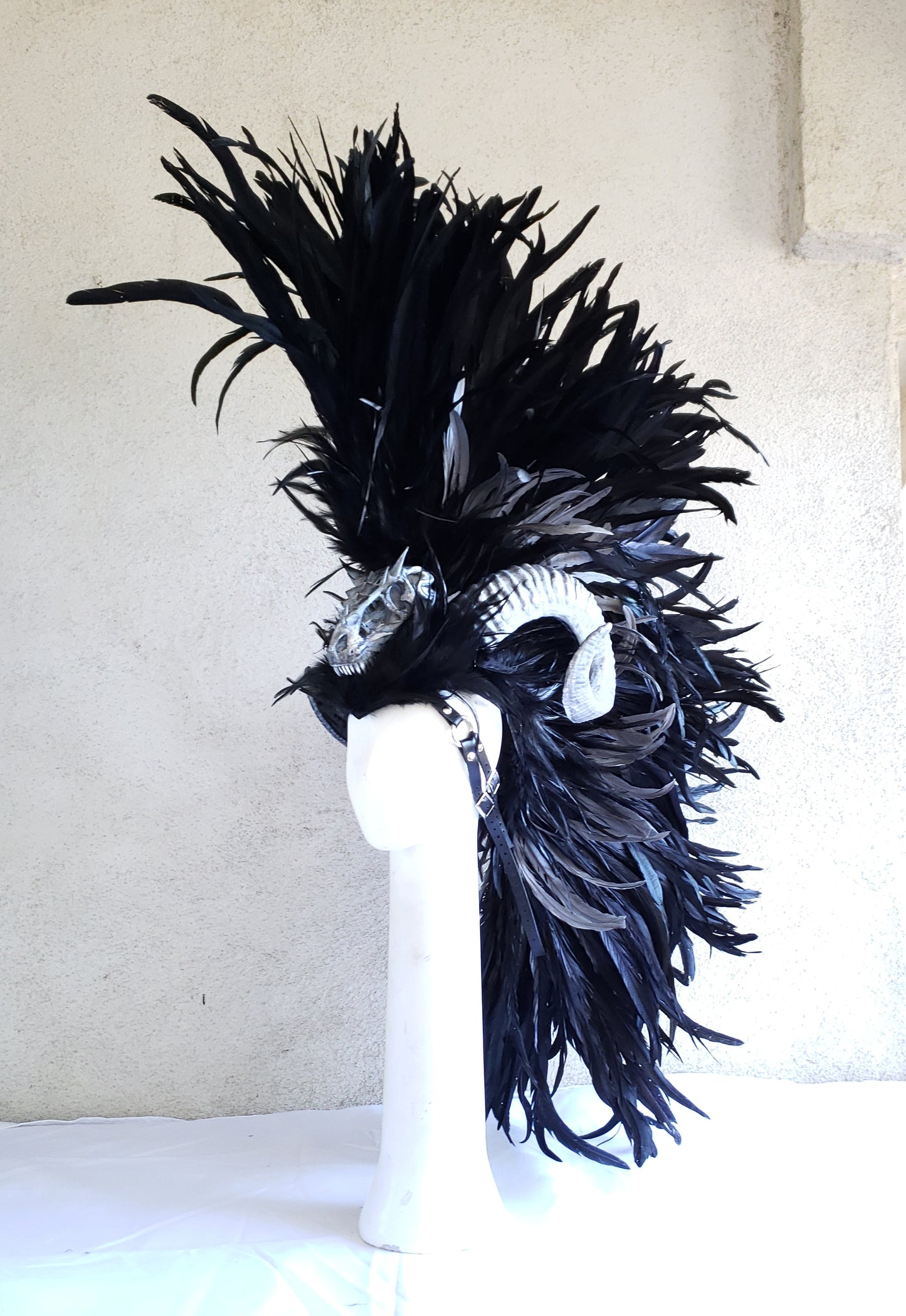 Dragon Slayer Headdress- Black feather headdress with ram horns and dragon skull