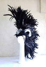 Load image into Gallery viewer, Dragon Slayer Headdress- Black feather headdress with ram horns and dragon skull