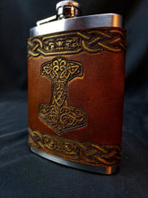 Load image into Gallery viewer, Thor&#39;s Hammer Leather Flask