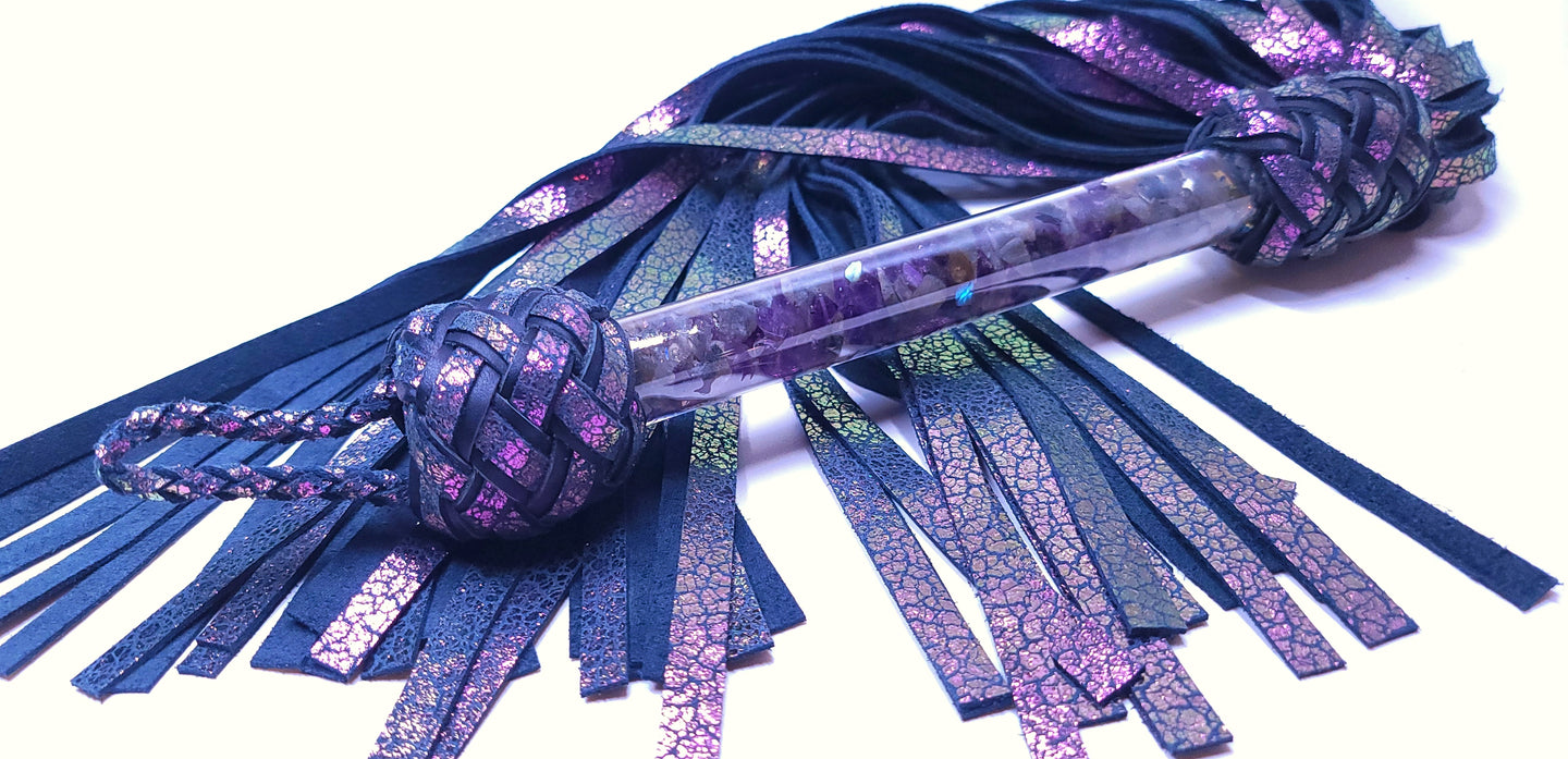 Labradorite and Amethyst Handle Flogger with Chameleon Tails