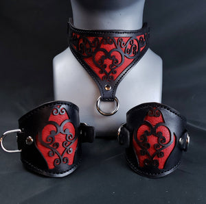 Red Leather Heart Collar and Cuffs - Made to Order