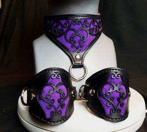 Purple Leather Heart Collar and Cuffs - In stock